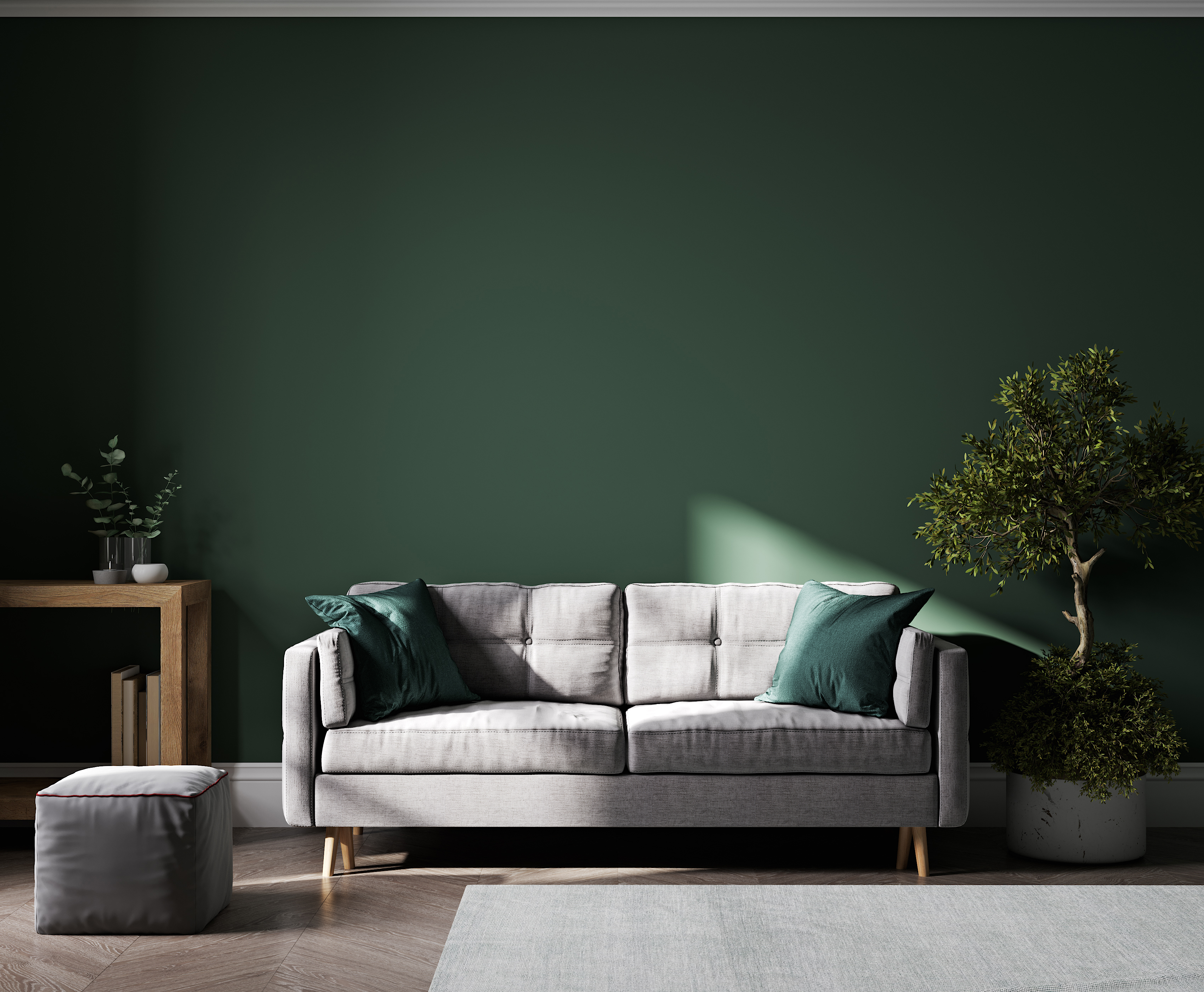 Dark green living room with grey sofa and plants