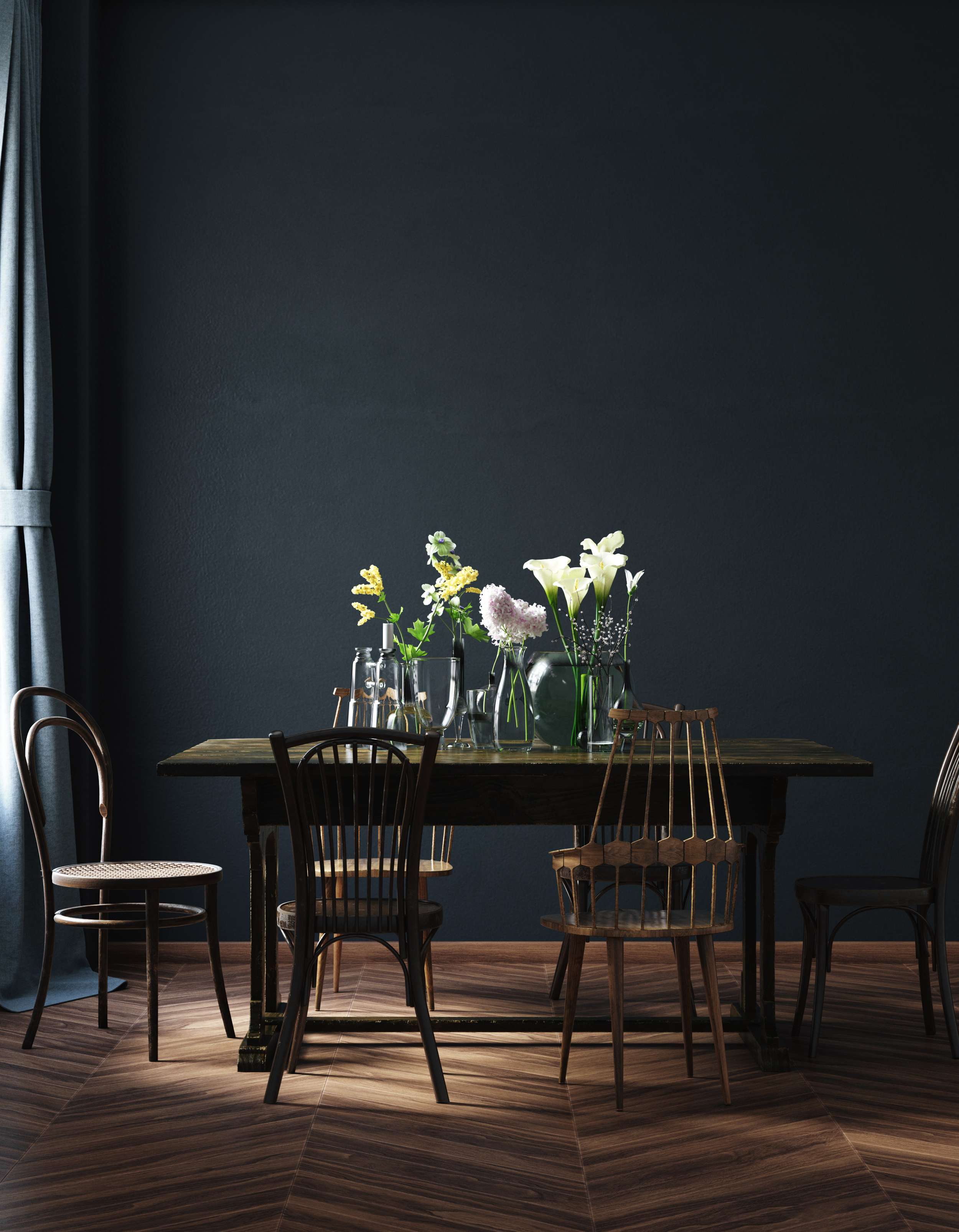 dining room with oak furniture in front of black feature wall