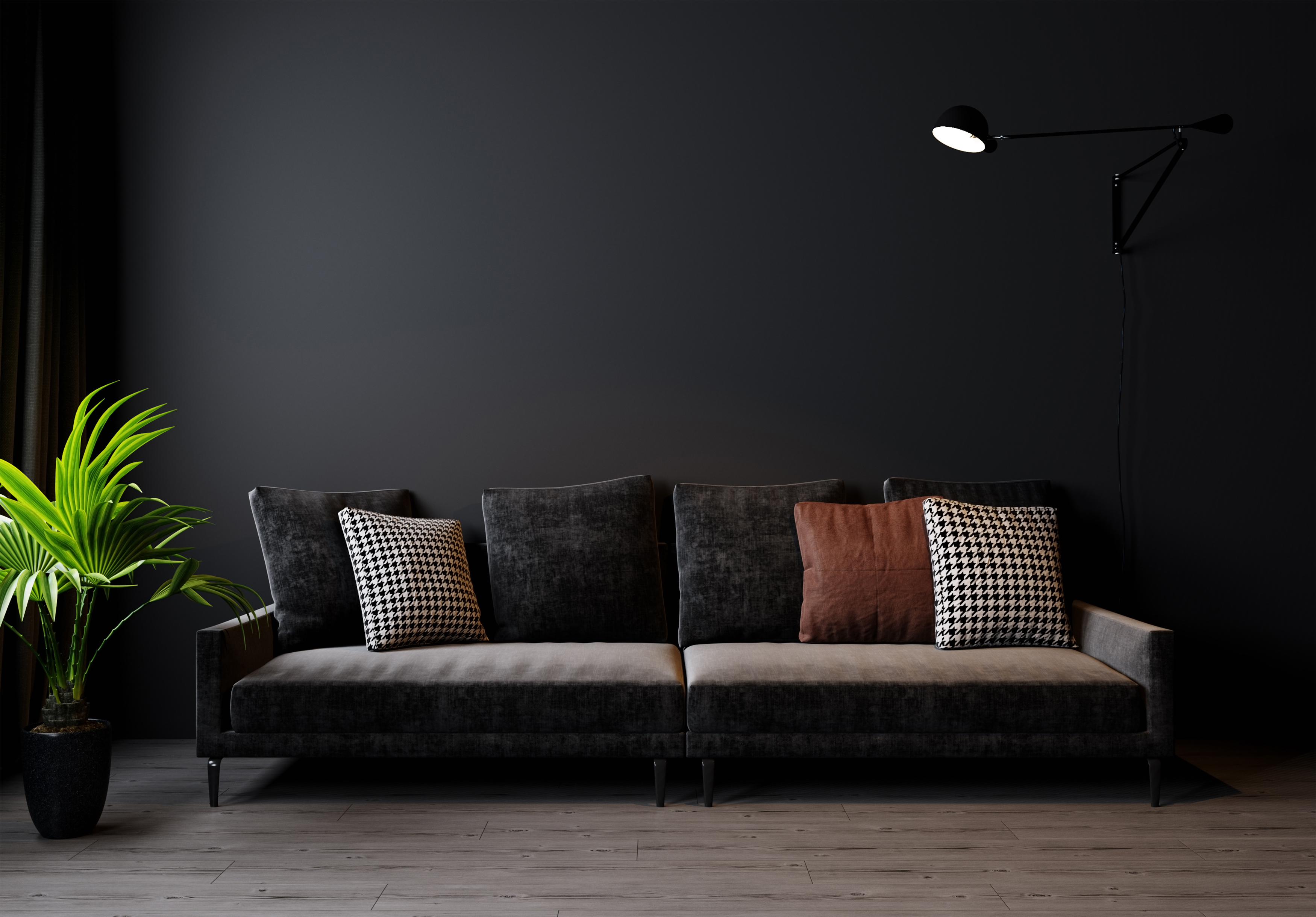 lounge with sofa in front of black feature wall